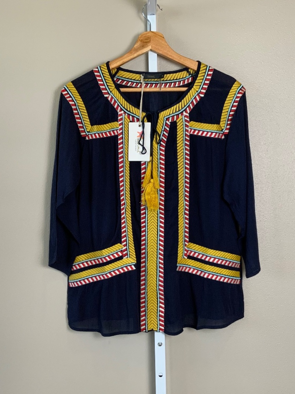 THML Embroidered Tassel Tie 3/4 Sleeve Top